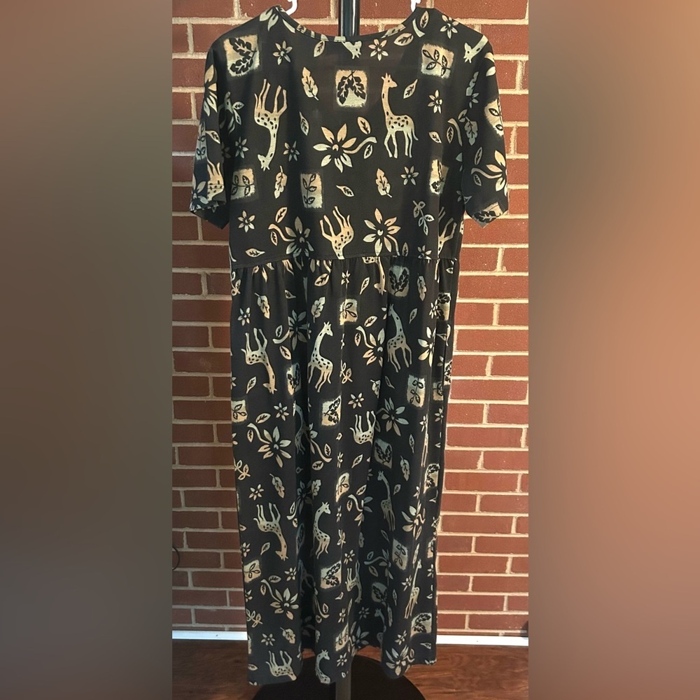 Vintage Erika Giraffe Print Midi‎ Dress Black Gold Quirky Artsy - Picture 4 of 7